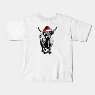 Christmas Highland Cow with Santa Hat Kids T-Shirt